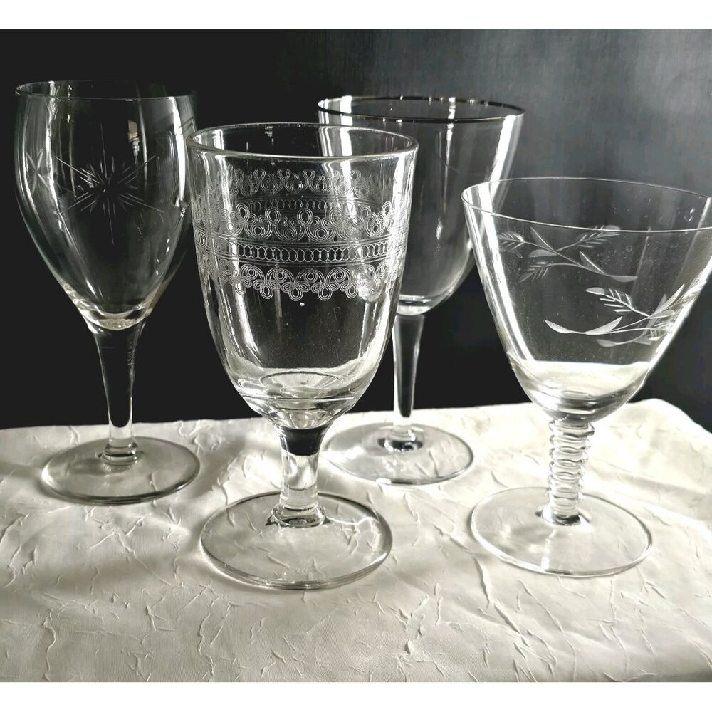 Mismatched Wine Cocktail Glasses set/4 vtg mixed silver rim etch glassware party